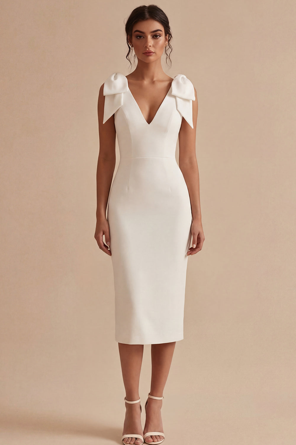White V-Neck Bodycon Midi Wedding Reception Dress for Bride with Bow