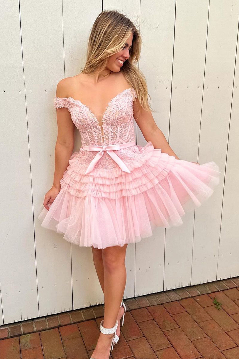 Glitter Fuchsia Tiered A-Line Tulle Corset Short Homecoming Dress with Lace