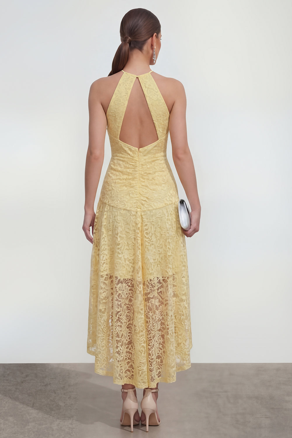 Yellow A Line Halter Keyhole Ruched High Low Lace Floral Butter Wedding Guest Dress