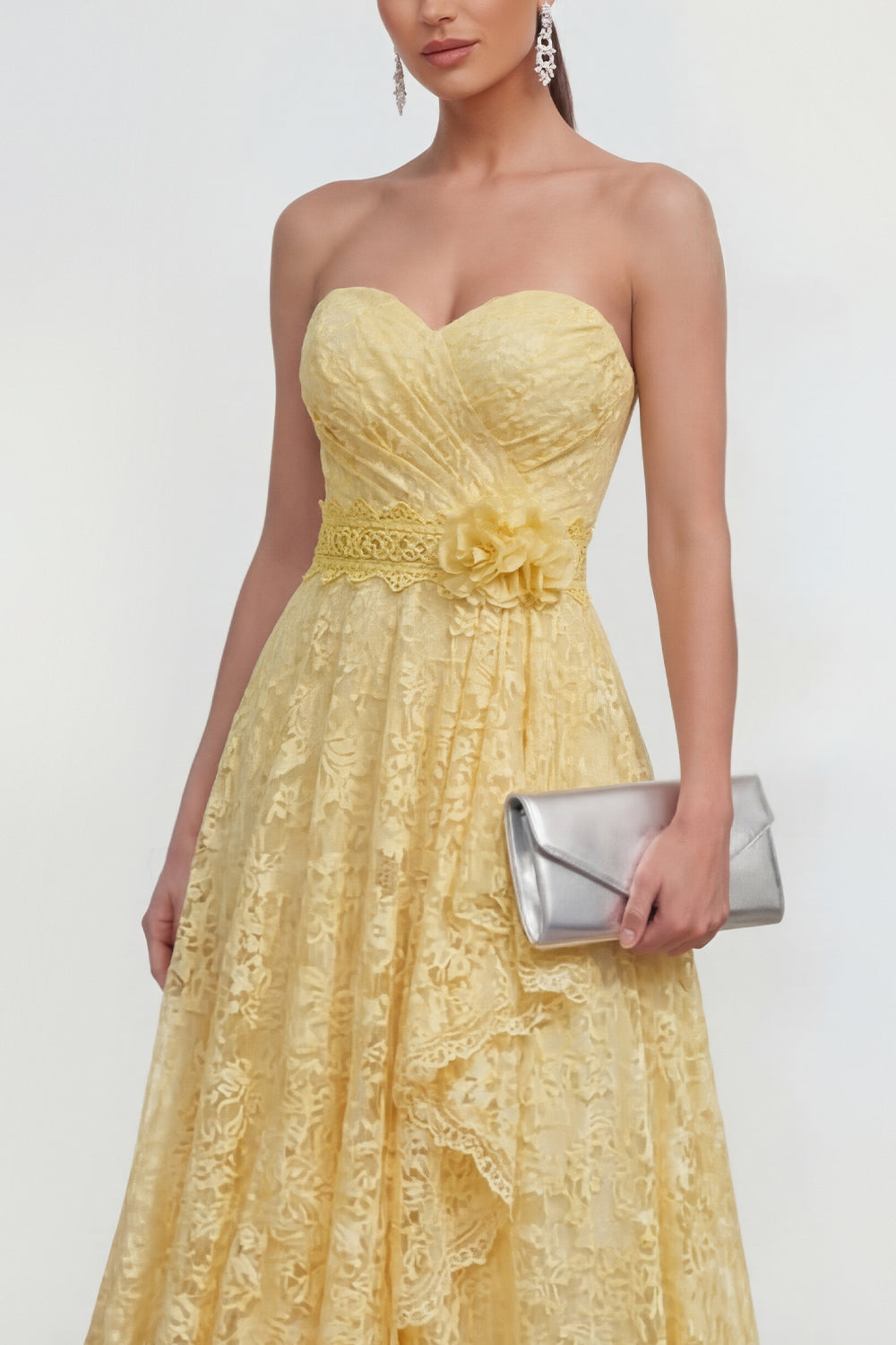 Yellow A Line Ruffled Lace Butter Maxi Wedding Guest Dress with 3D Flower