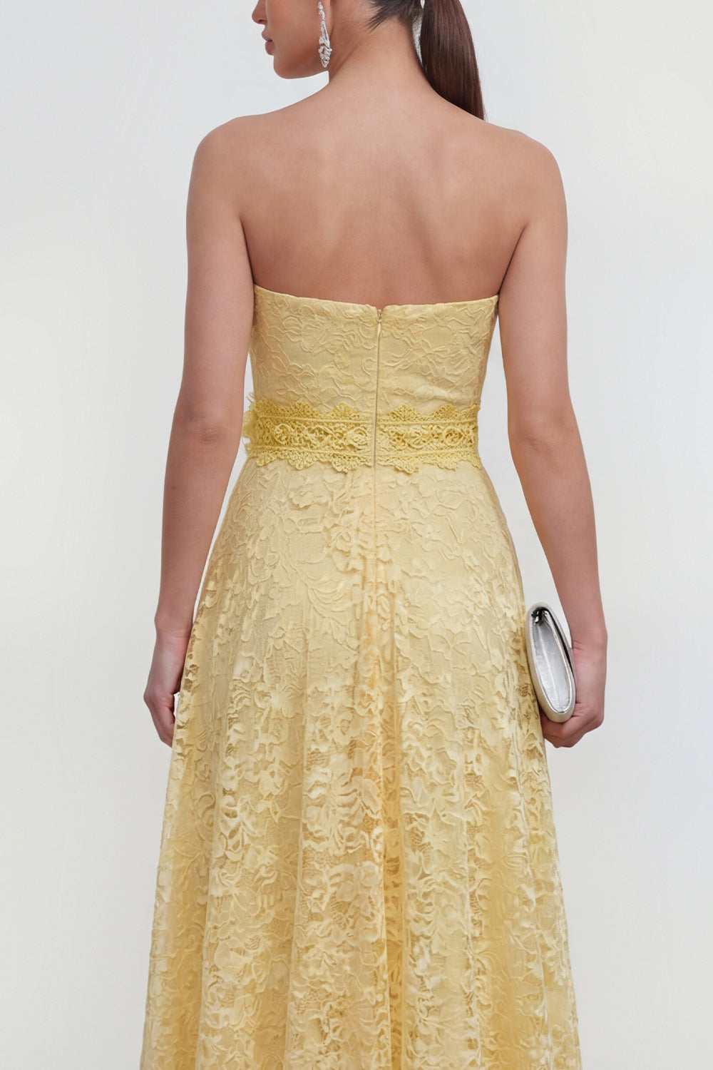 Yellow A Line Ruffled Lace Butter Maxi Wedding Guest Dress with 3D Flower