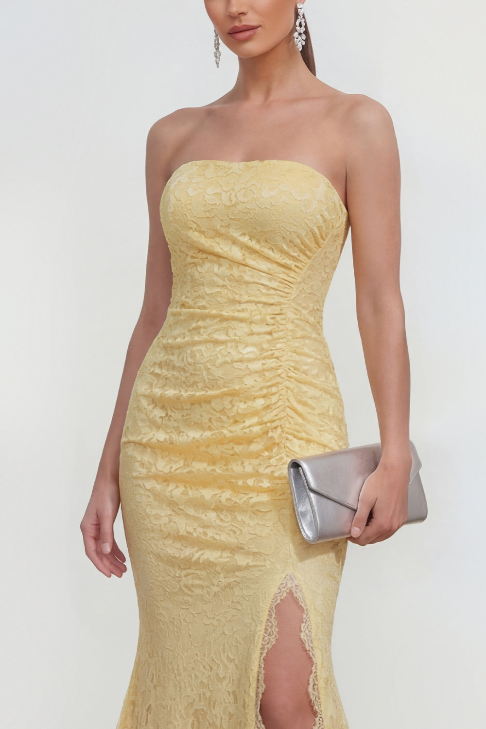 Yellow Lace Mermaid Ruched Floral Butter Maxi Wedding Guest Dress with Slit