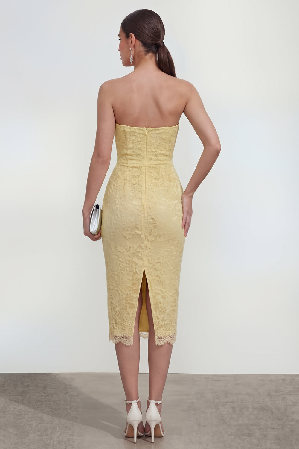 Yellow Sweetheart Butter Midi Lace Floral Bodycon Wedding Guest Dress with Back Slit