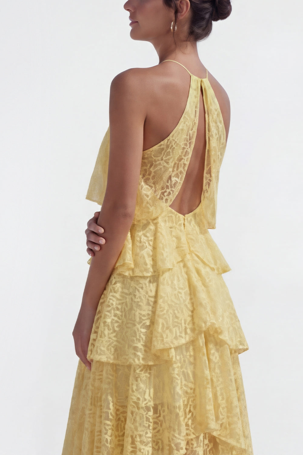 Yellow A Line Halter Corset Lace Floral High Low Wedding Guest Dress with Ruffles