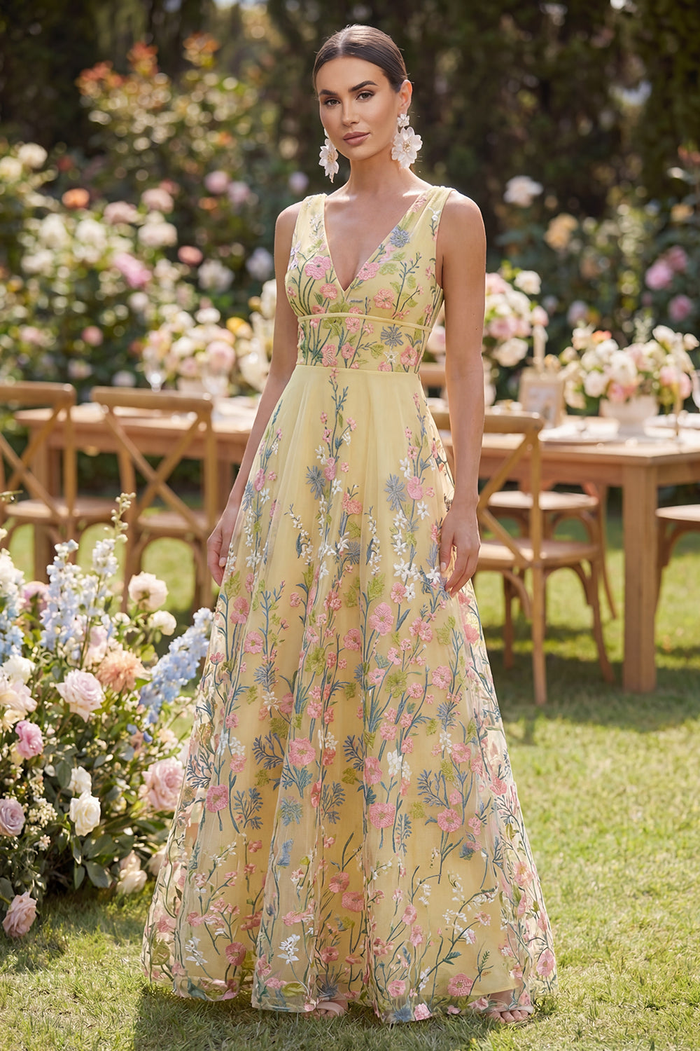 Yellow Floral V-Neck Butter A Line Long Wedding Guest Dress