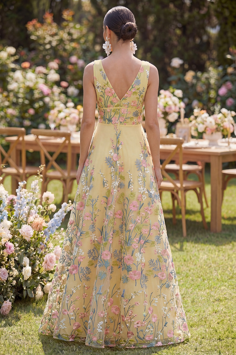 Yellow Floral V-Neck Butter A Line Long Wedding Guest Dress
