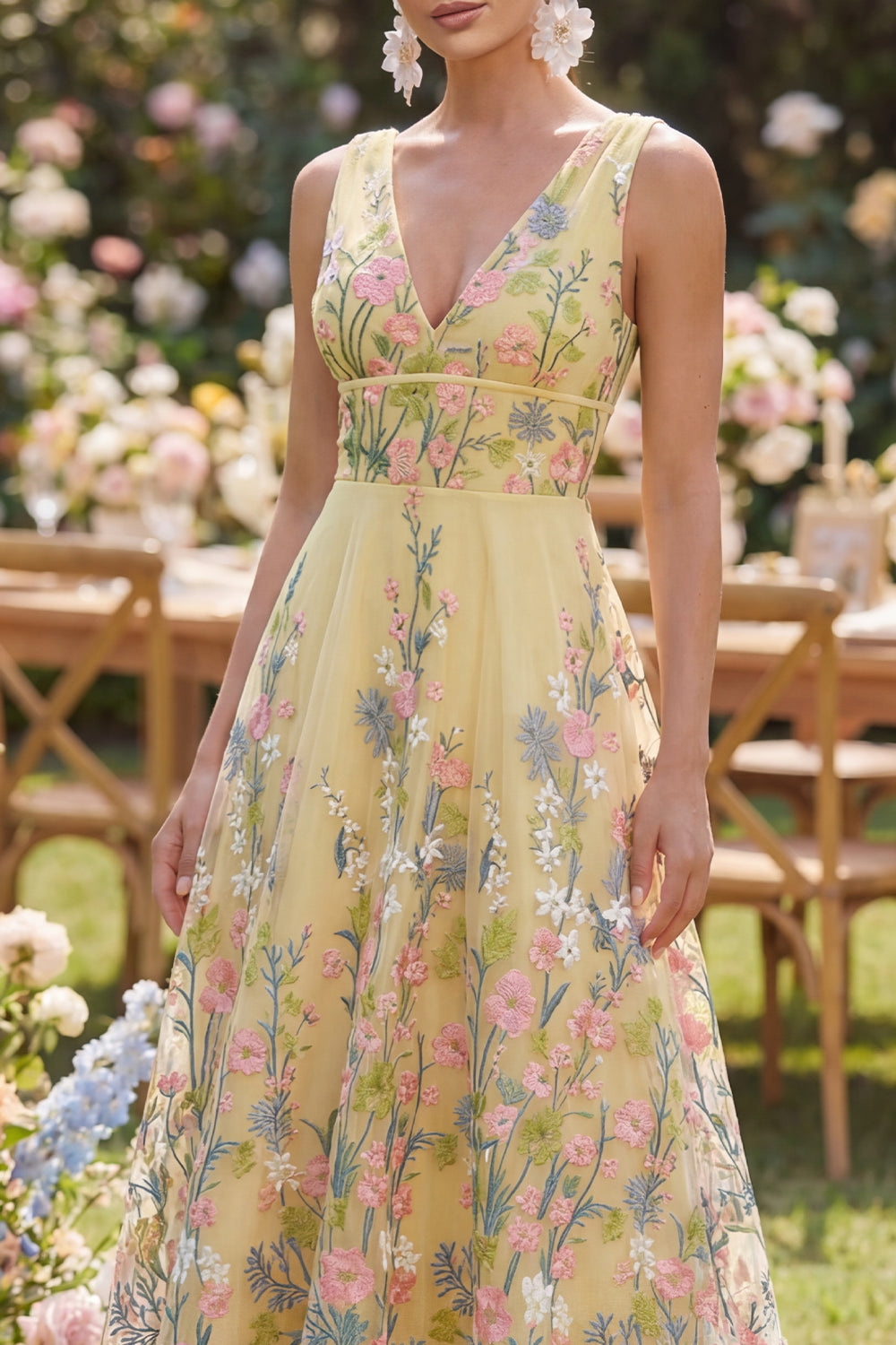 Yellow Floral V-Neck Butter A Line Long Wedding Guest Dress
