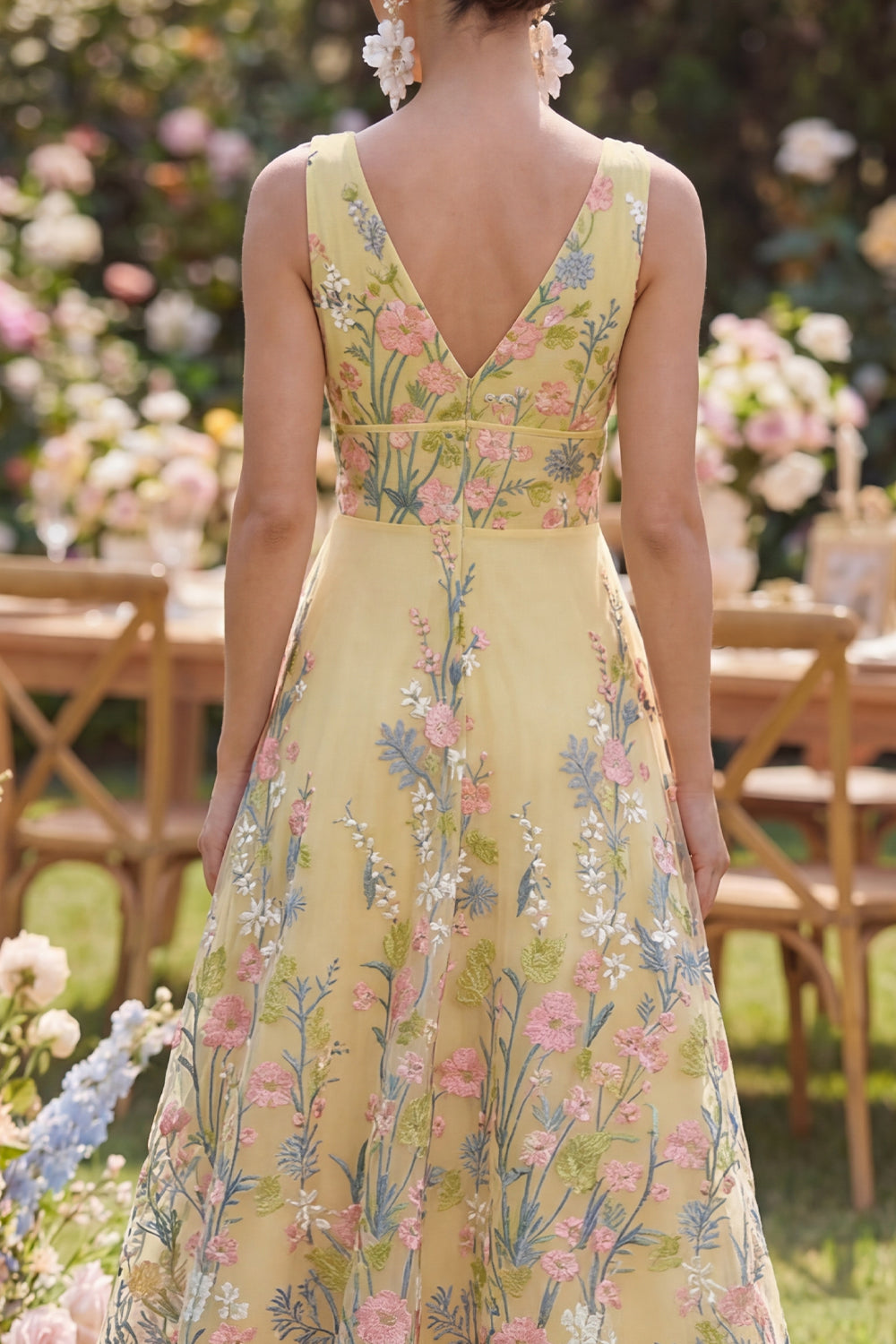 Yellow Floral V-Neck Butter A Line Long Wedding Guest Dress