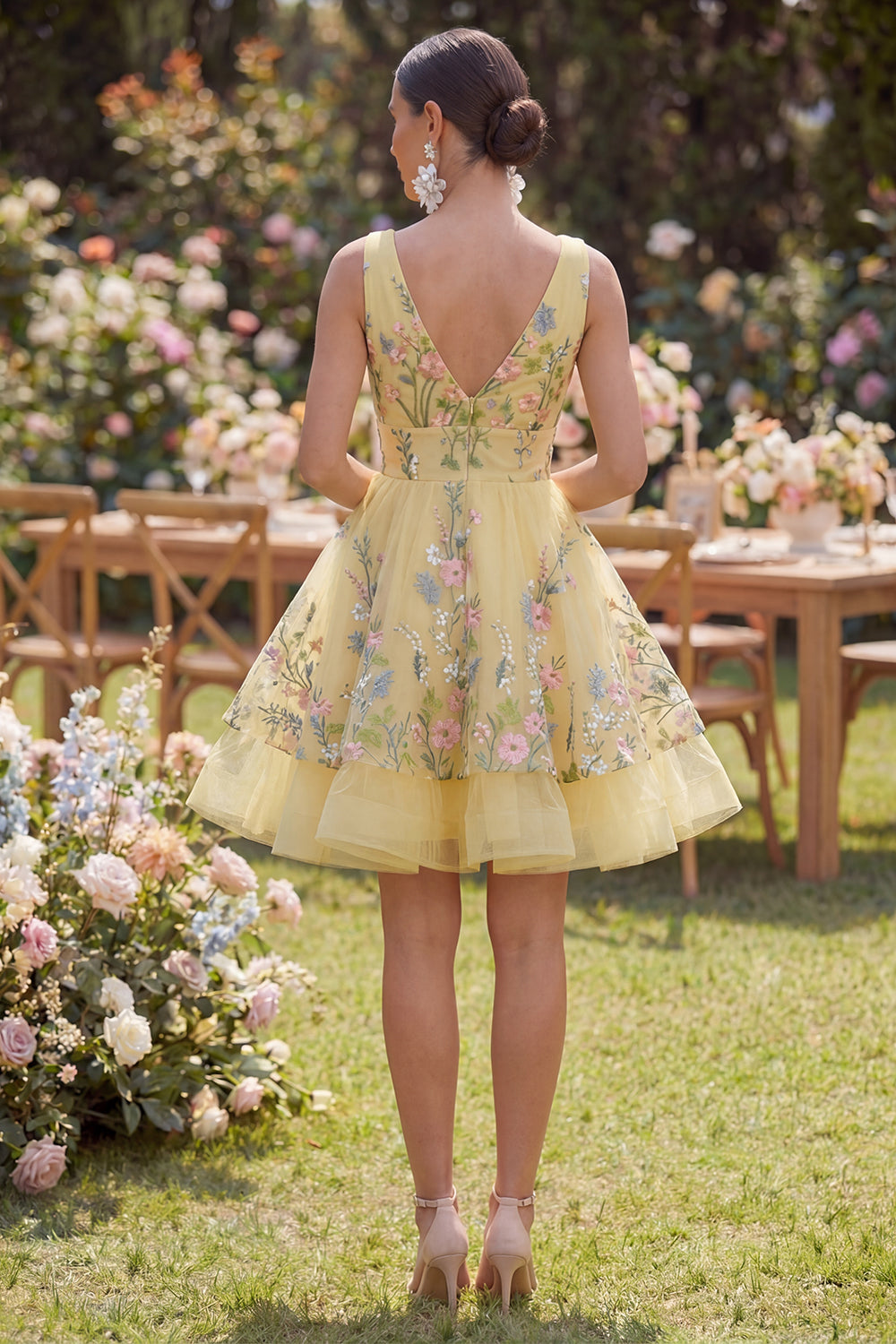 Yellow A Line Short V-Neck Floral Butter Wedding Guest Dress with Ruffles
