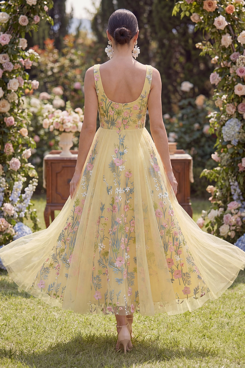 Yellow Square Neck Floral Butter A Line Maxi Wedding Guest Dress