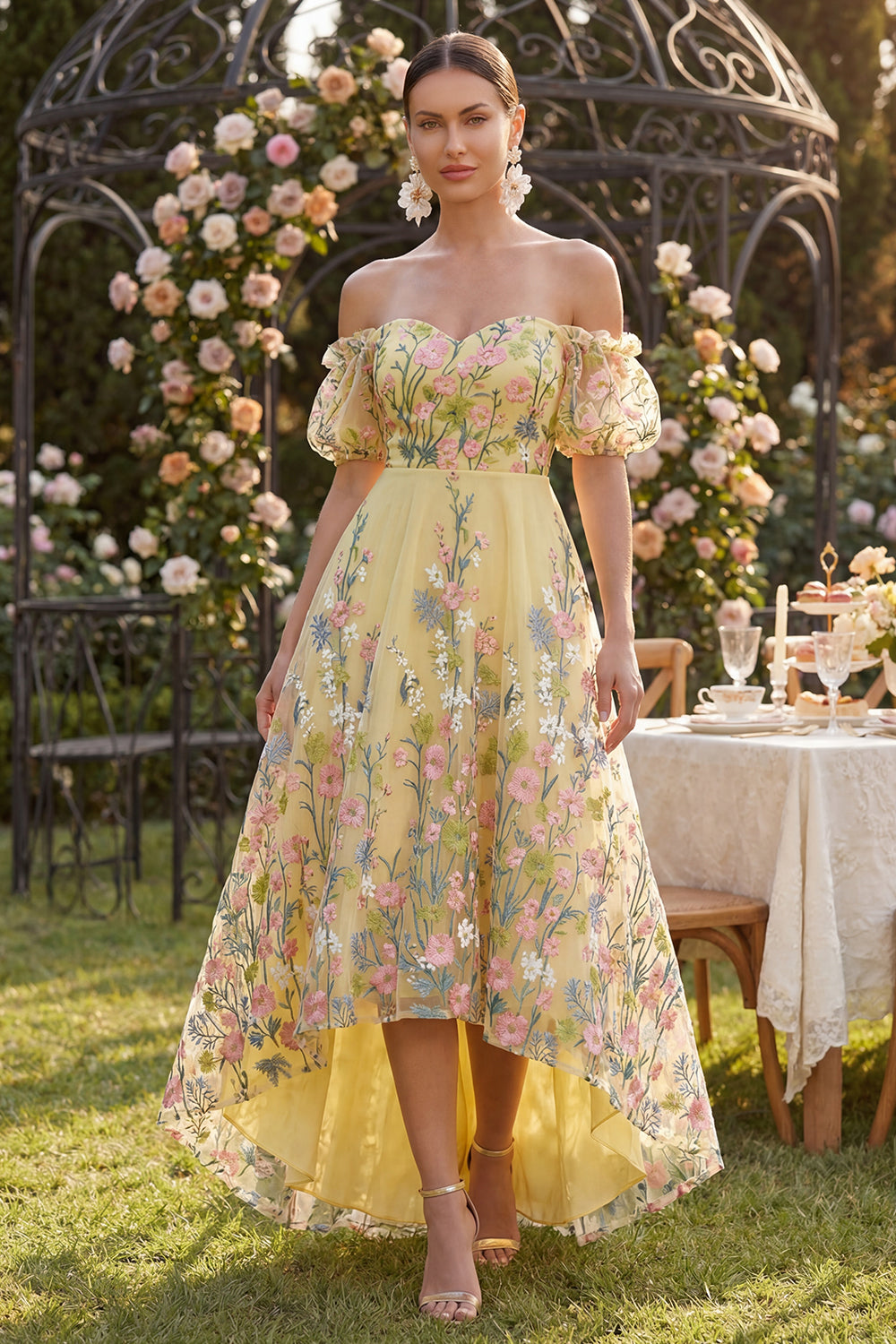 Yellow A Line Floral Puff Sleeves Butter High Low Wedding Guest Dress