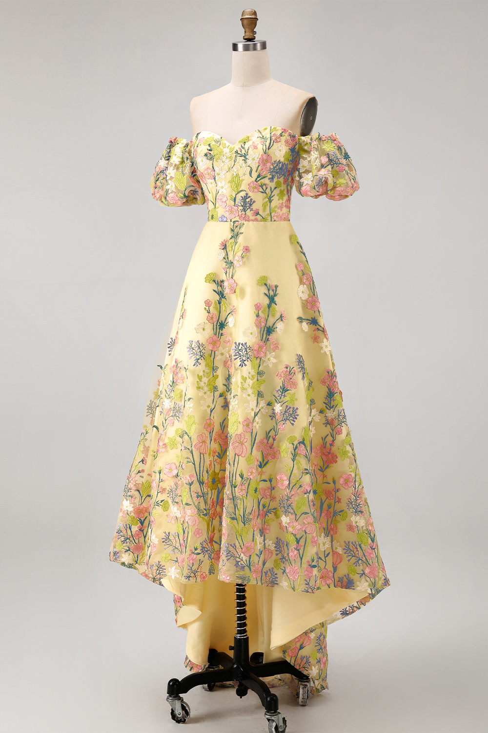 Yellow A Line Floral Puff Sleeves Butter High Low Wedding Guest Dress