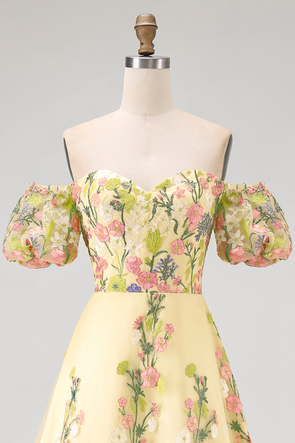 Yellow A Line Floral Puff Sleeves Butter High Low Wedding Guest Dress