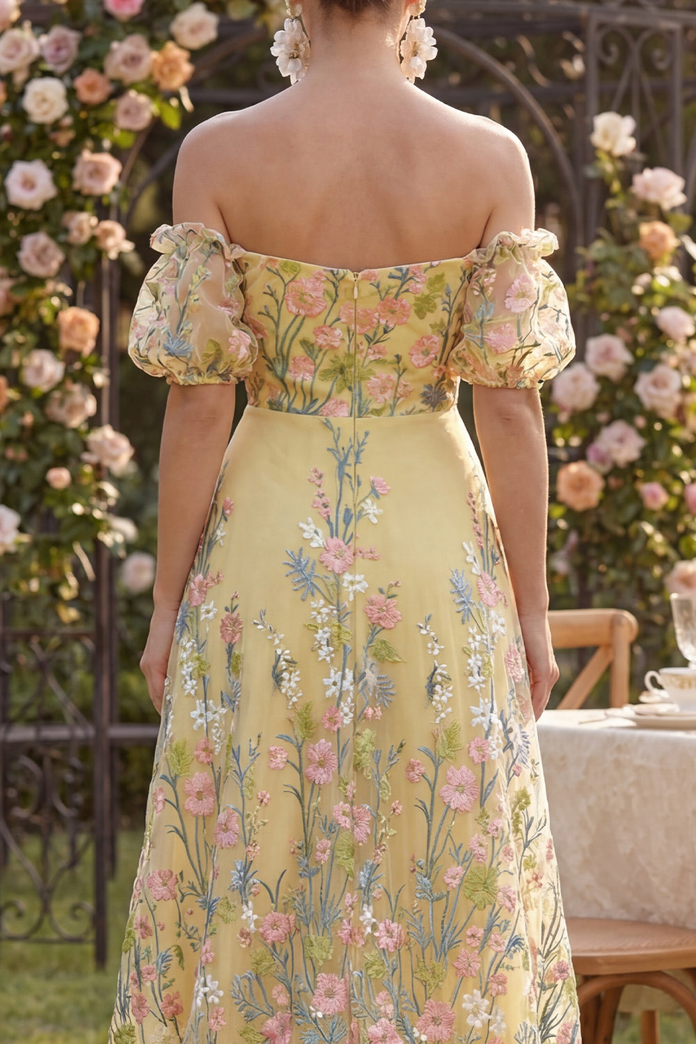 Yellow A Line Floral Puff Sleeves Butter High Low Wedding Guest Dress