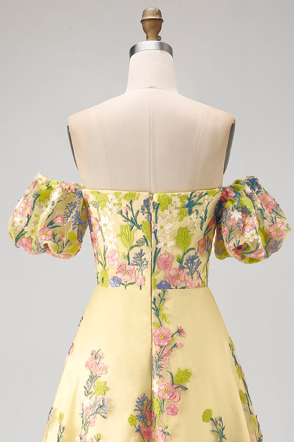 Yellow A Line Floral Puff Sleeves Butter High Low Wedding Guest Dress