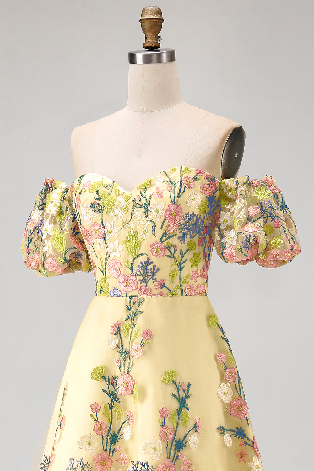 Yellow A Line Floral Puff Sleeves Butter High Low Wedding Guest Dress