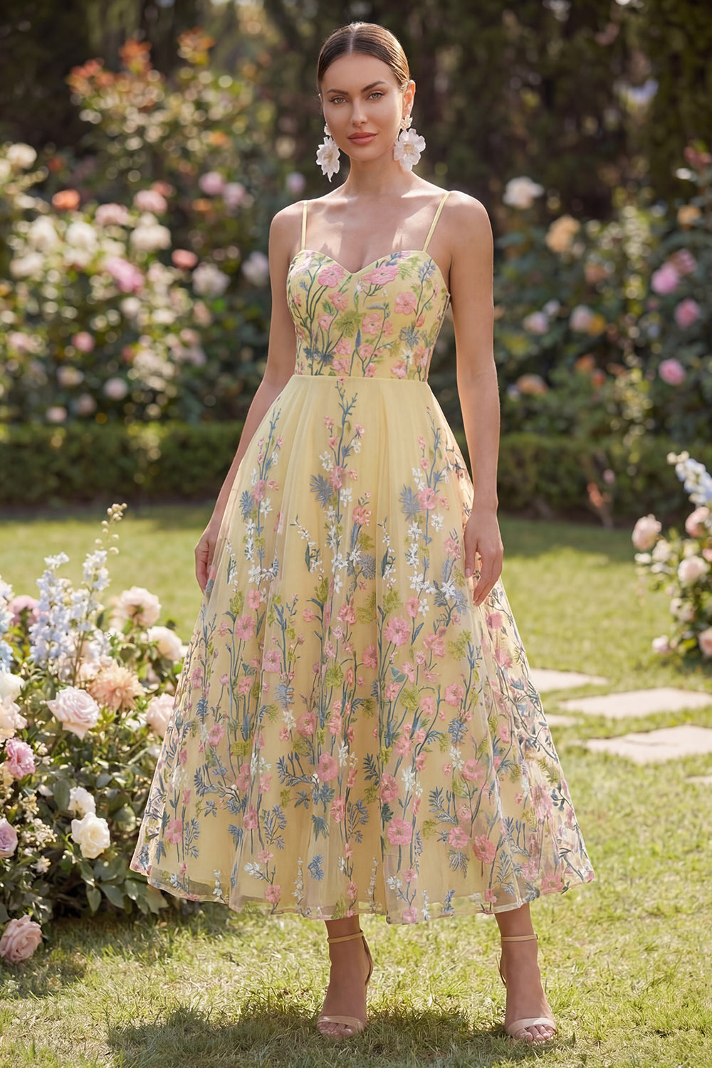 Yellow A Line Floral Spaghetti Straps Butter Maxi Wedding Guest Dress