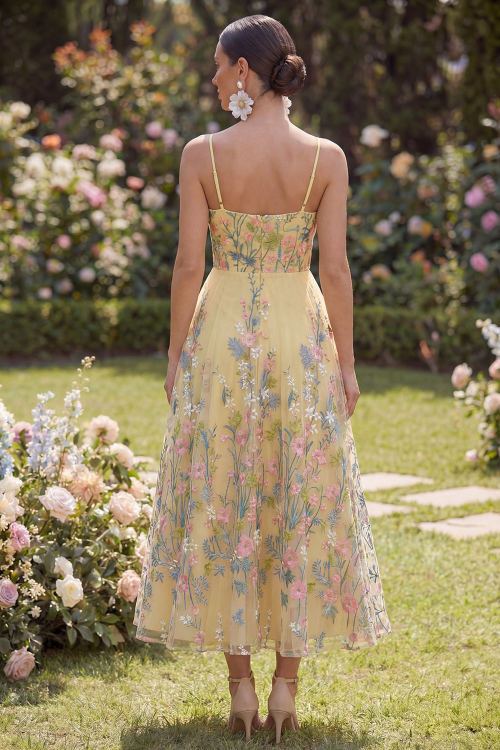 Yellow A Line Floral Spaghetti Straps Butter Maxi Wedding Guest Dress