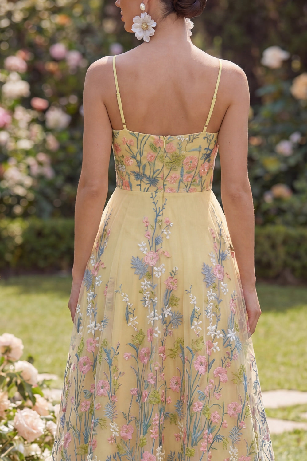 Yellow A Line Floral Spaghetti Straps Butter Maxi Wedding Guest Dress