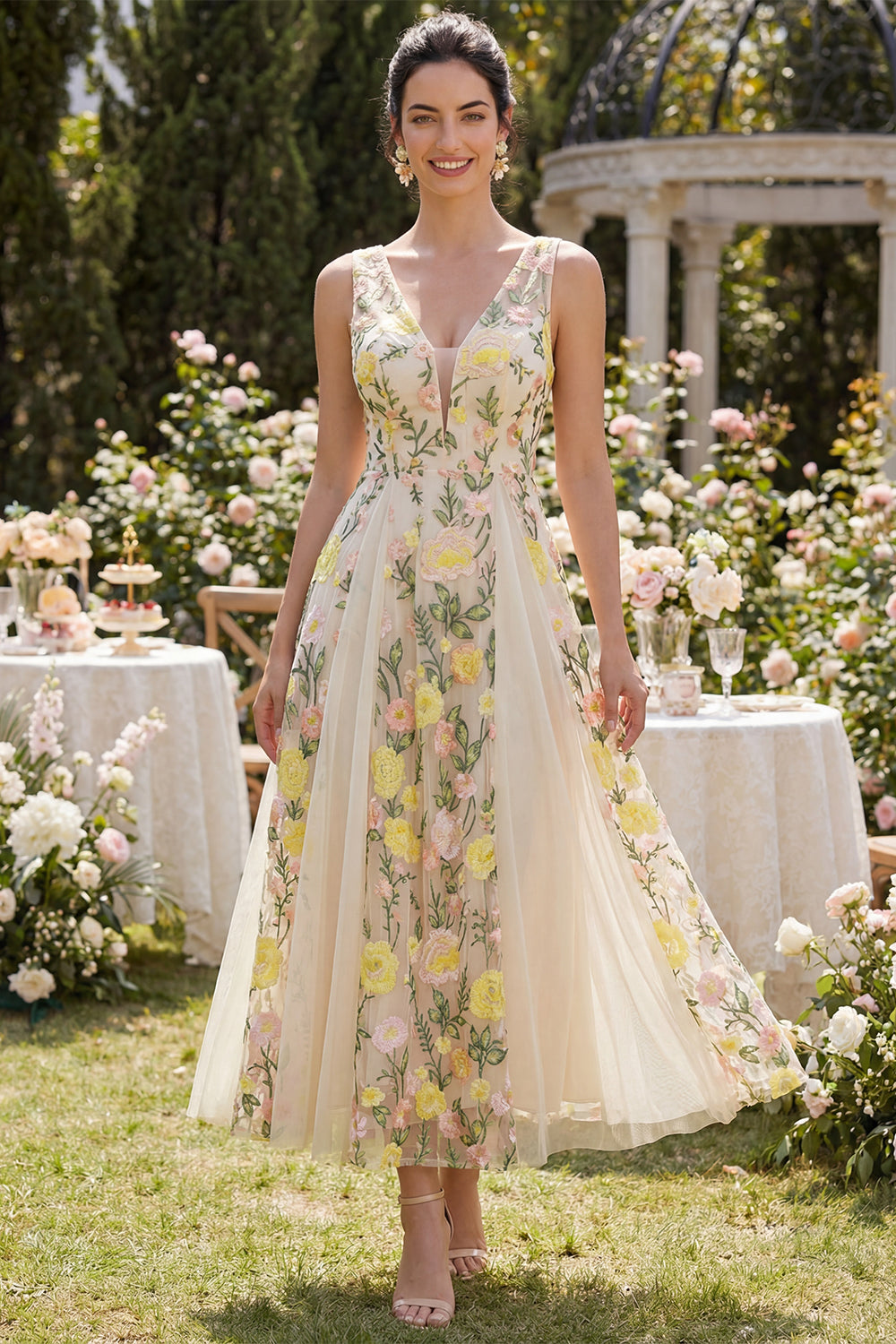 Champagne A Line V-Neck Floral Maxi Wedding Guest Dress
