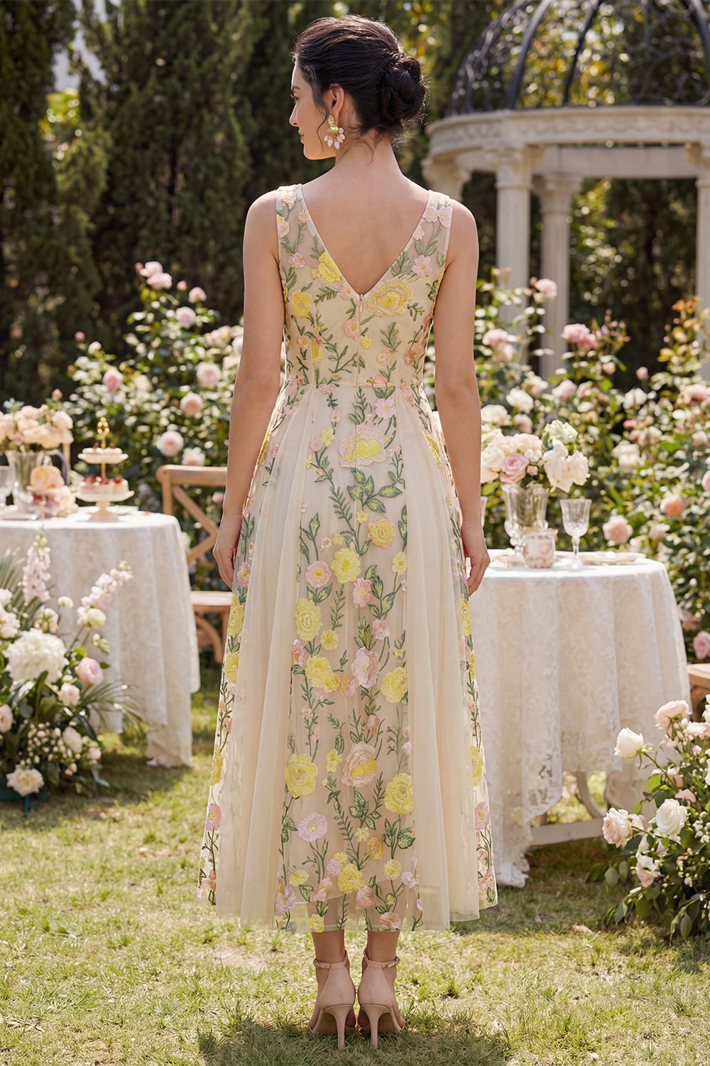 Champagne A Line V-Neck Floral Maxi Wedding Guest Dress