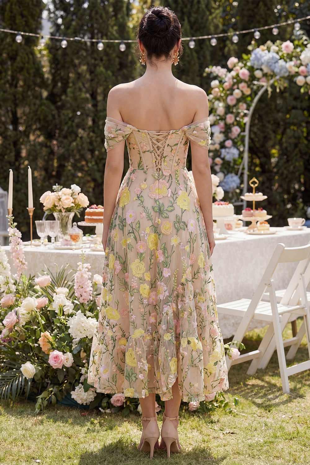Floral Champagne A Line Corset Maxi Wedding Guest Dress with Ruffles