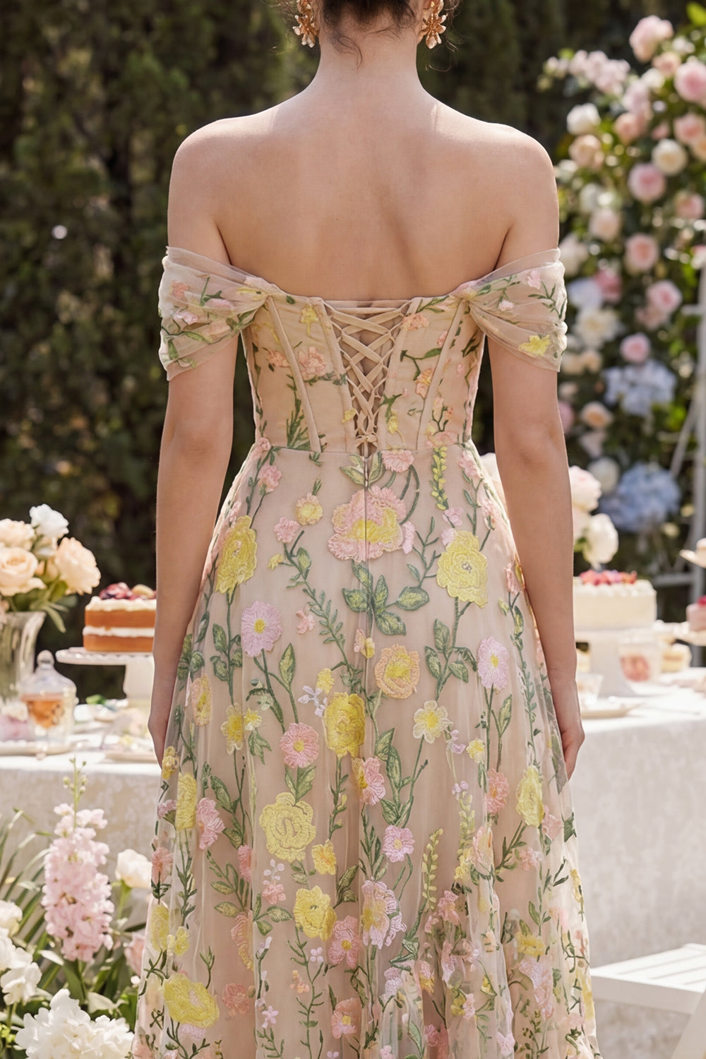 Floral Champagne A Line Corset Maxi Wedding Guest Dress with Ruffles