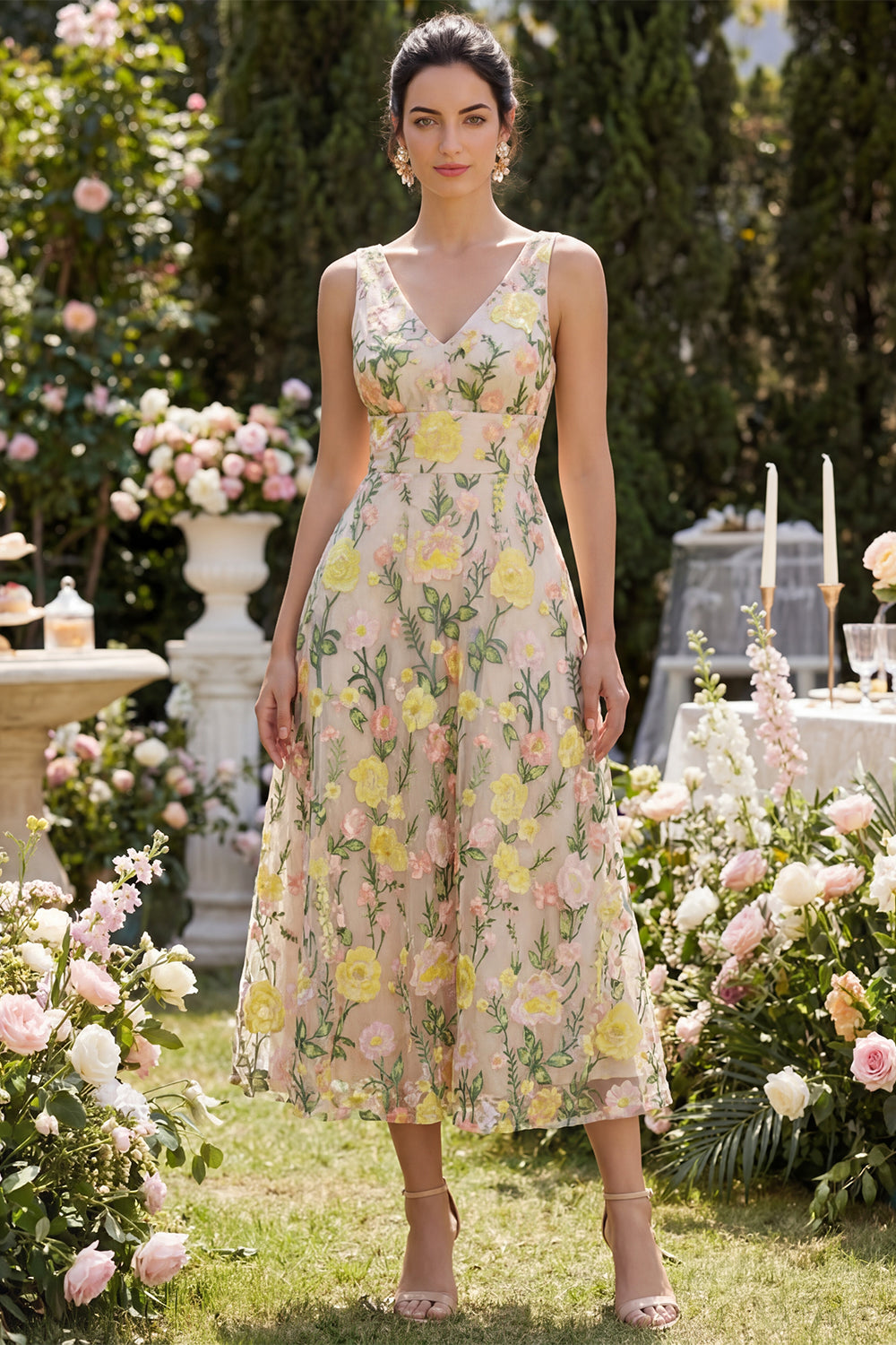 Floral Champagne A Line Maxi V-Neck Wedding Guest Dress