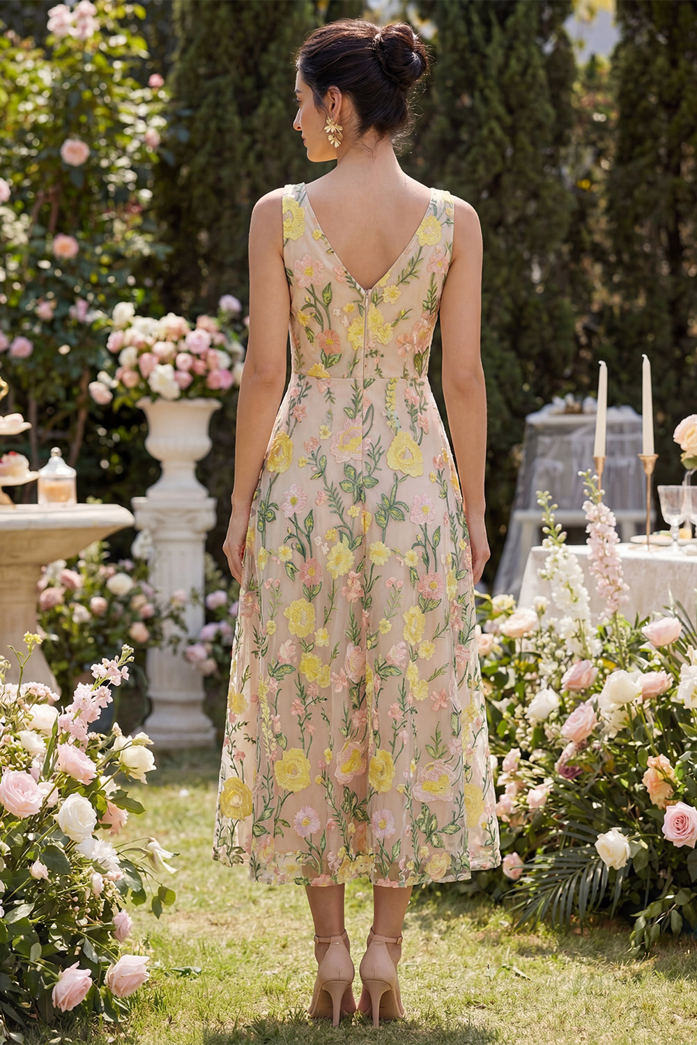 Floral Champagne A Line Maxi V-Neck Wedding Guest Dress
