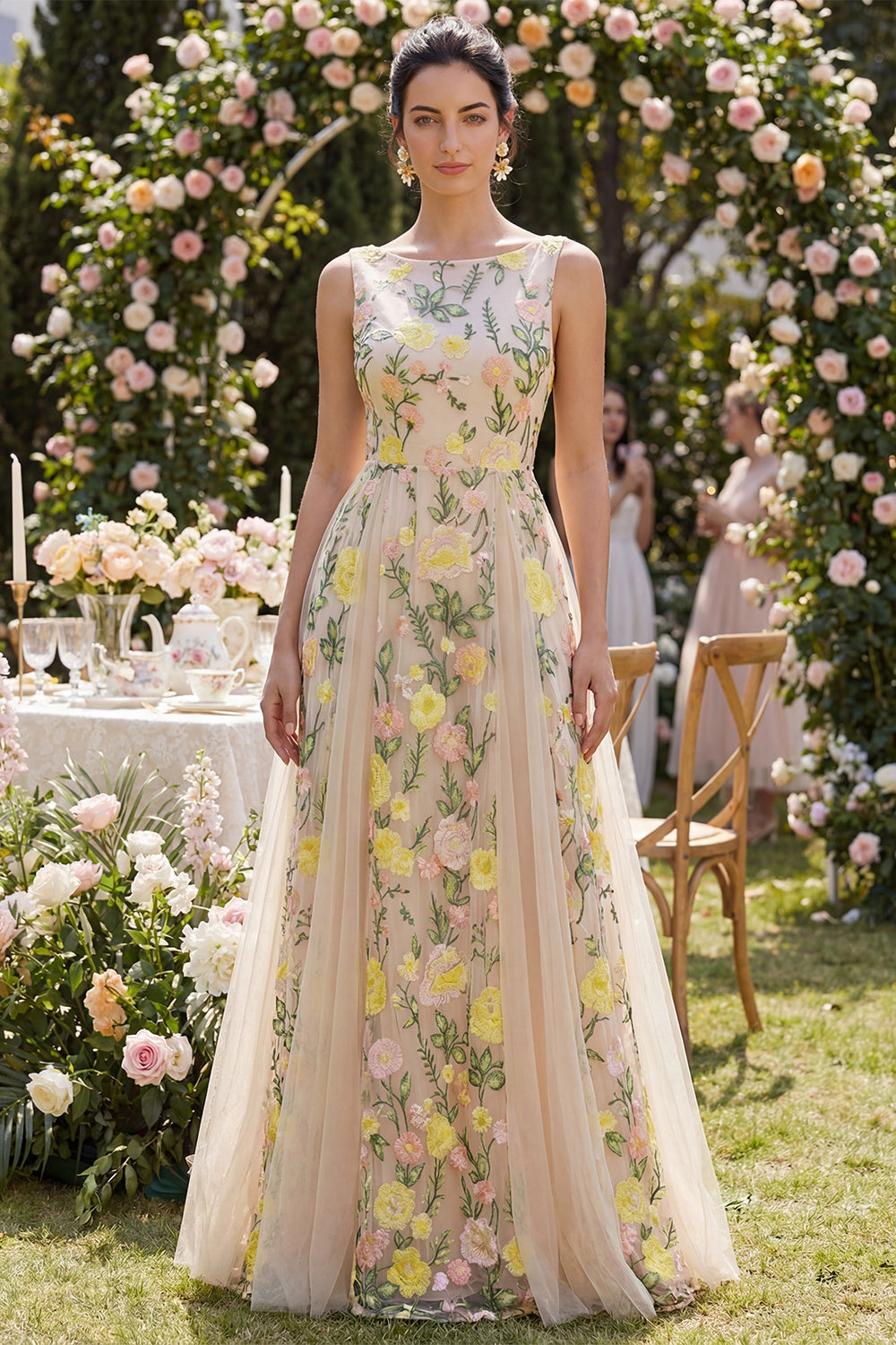 Boat Neck Floral Champagne A Line Long Wedding Guest Dress