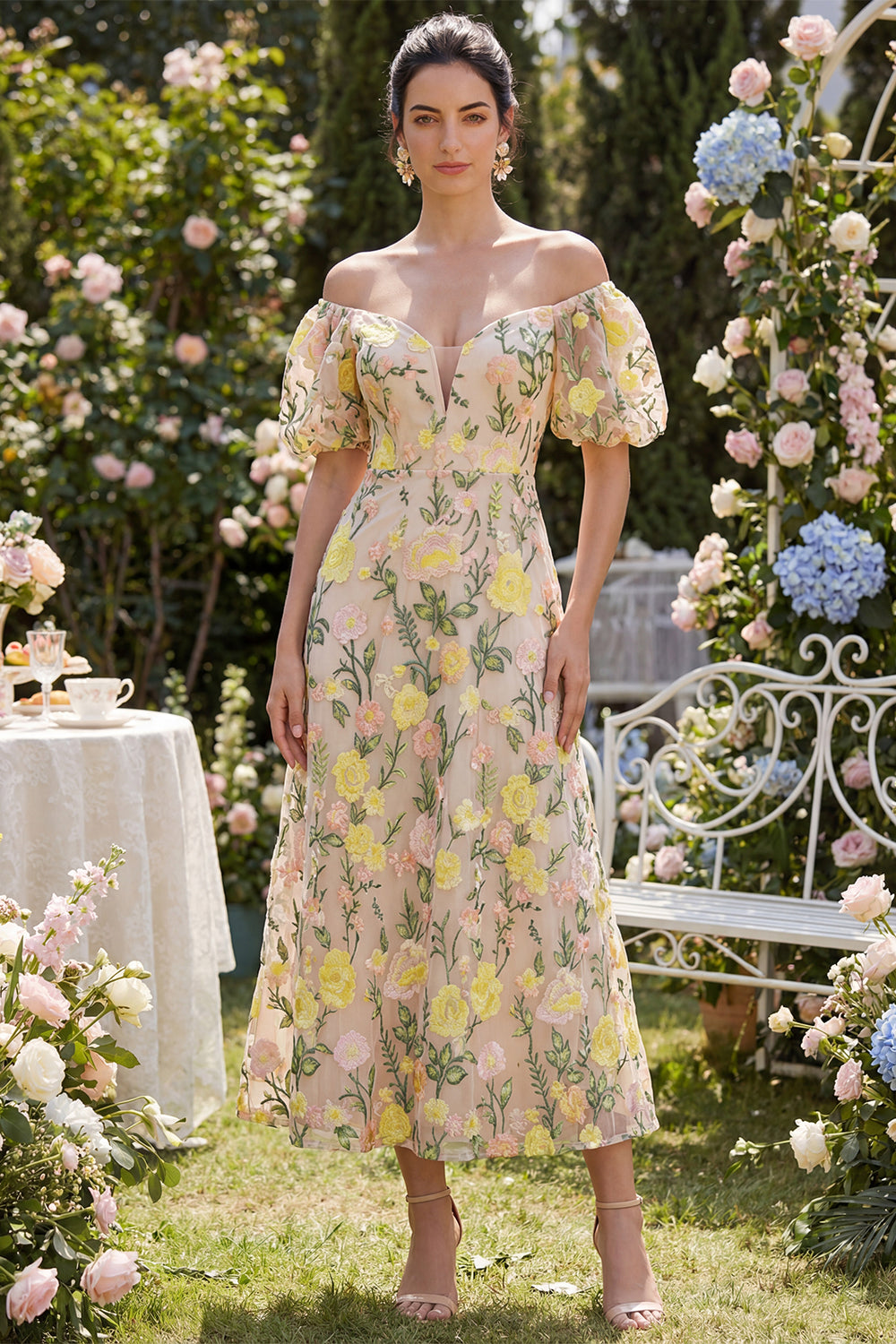 Champagne A Line Off the Shoulder Floral Maxi Wedding Guest Dress with Sleeves