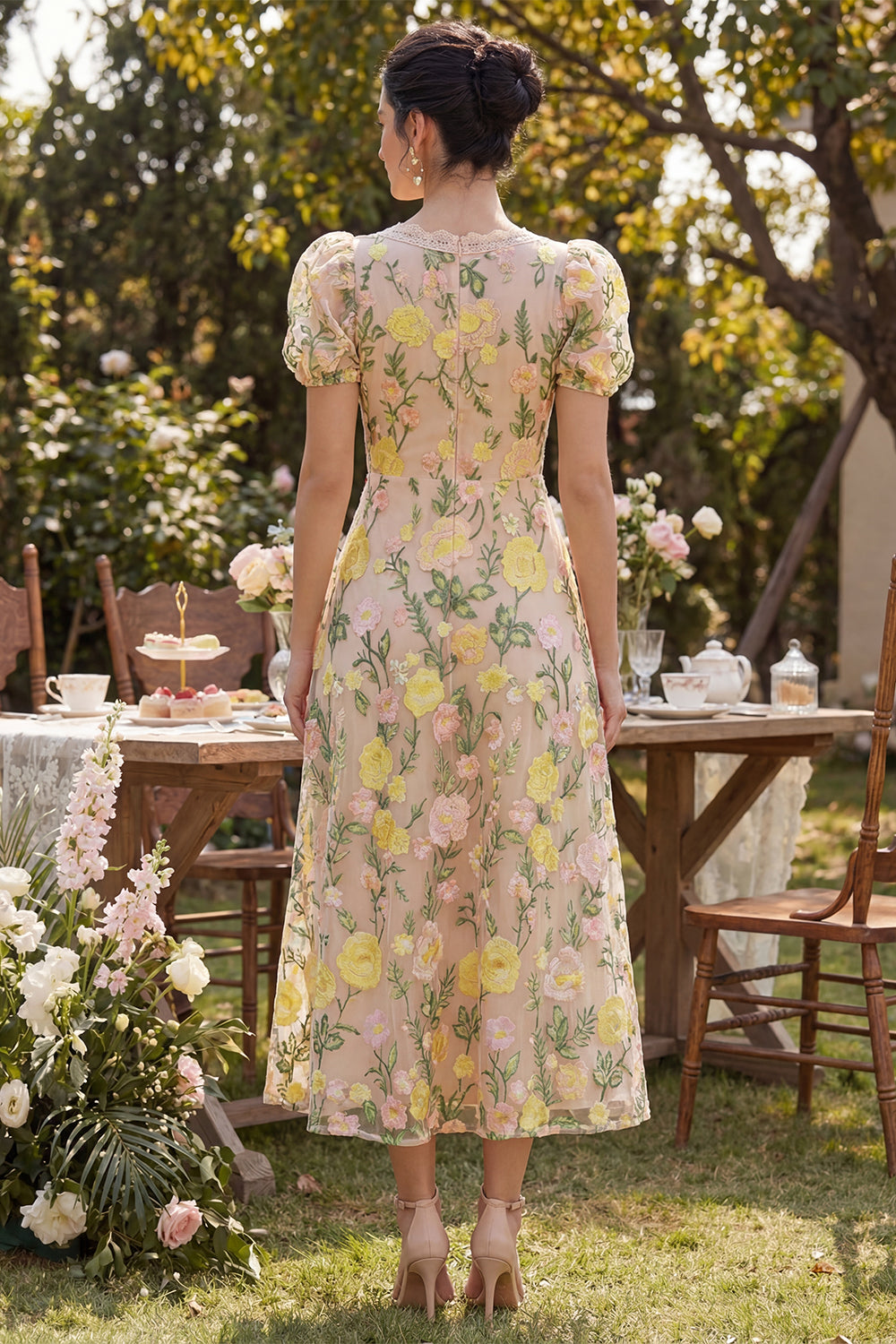 Champagne Puff Sleeves A Line Maxi Floral Wedding Guest Dress with Lace