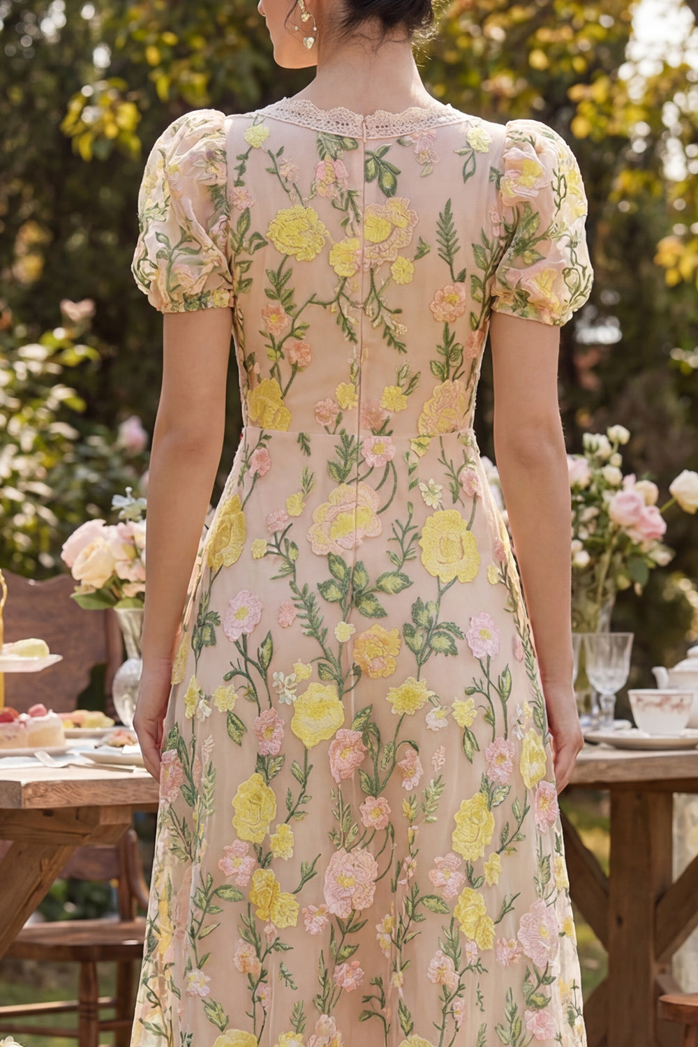 Champagne Puff Sleeves A Line Maxi Floral Wedding Guest Dress with Lace