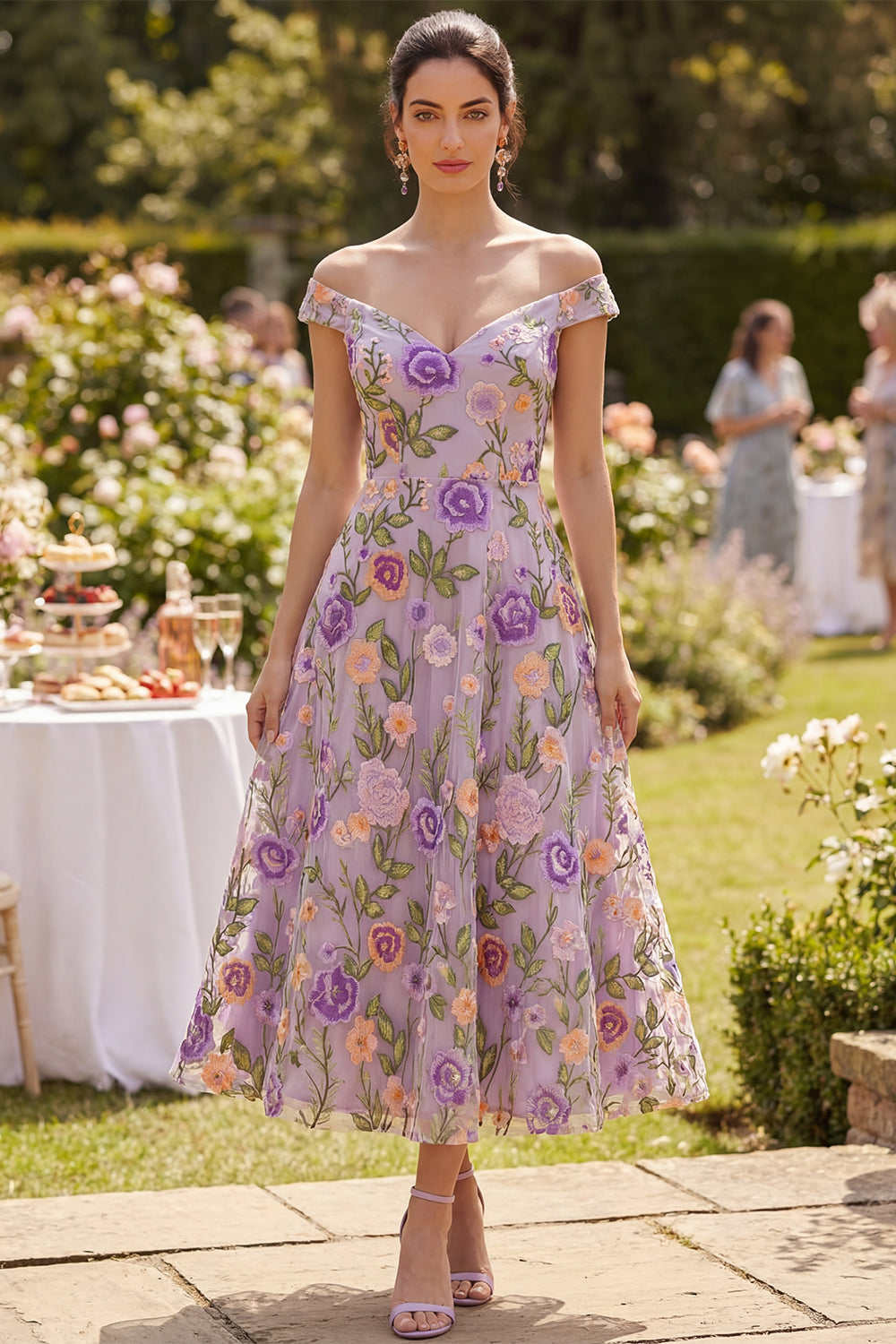 Floral Lilac A Line Off the Shoulder Maxi Wedding Guest Dress