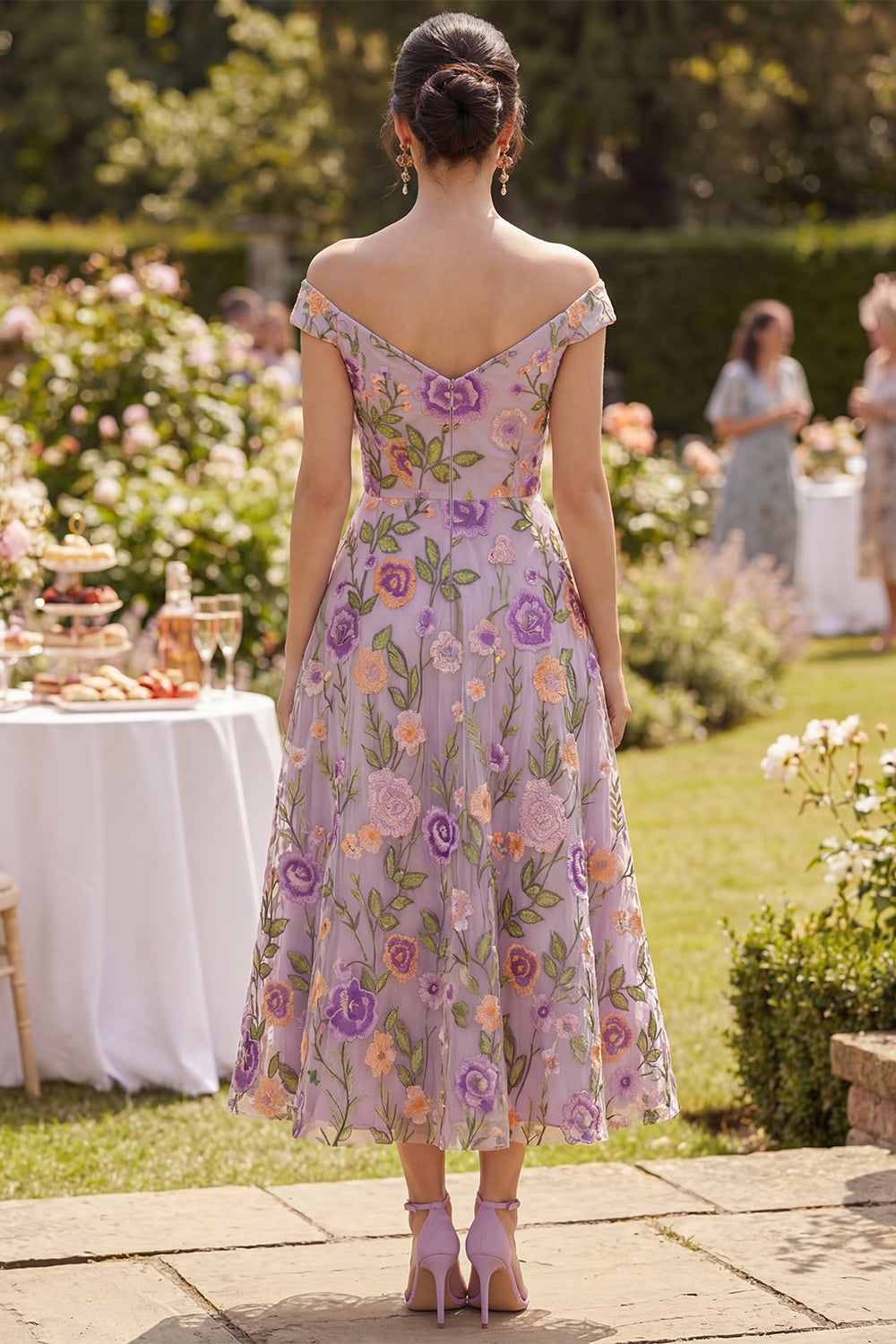 Floral Lilac A Line Off the Shoulder Maxi Wedding Guest Dress