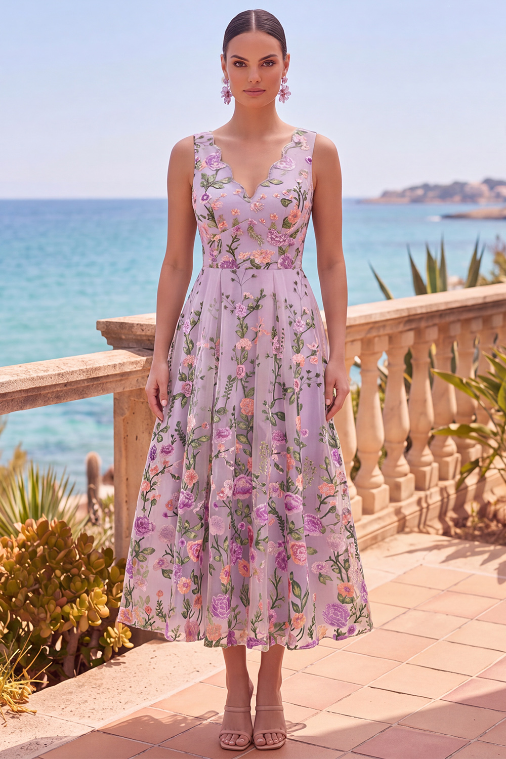 Floral Lilac V-Neck A Line Maxi Wedding Guest Dress