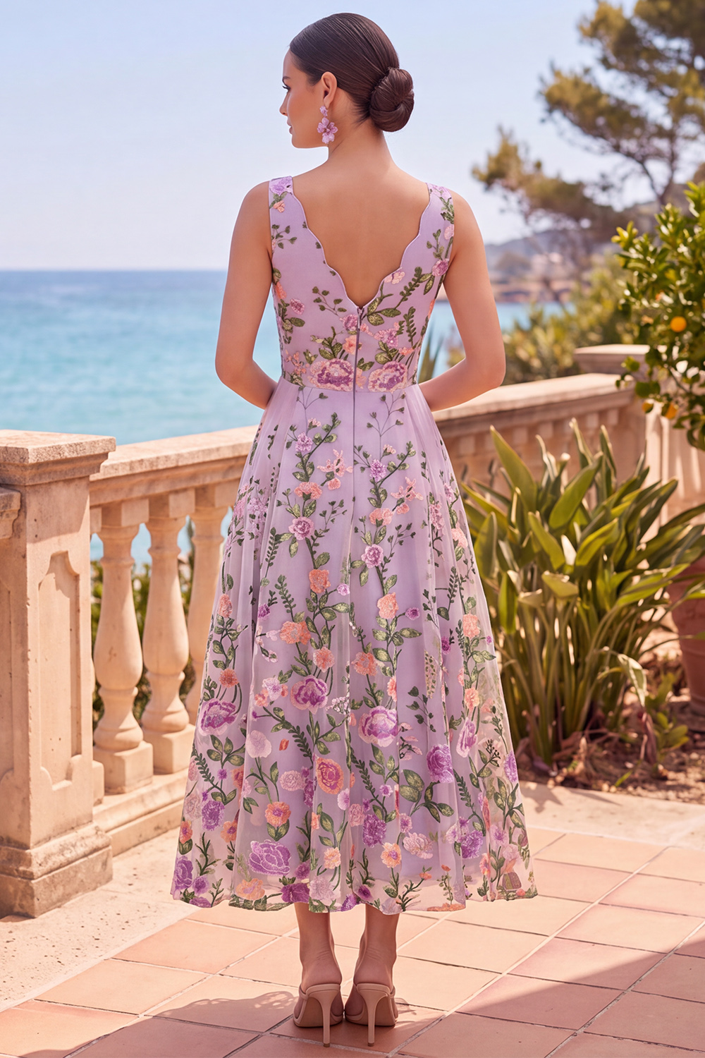 Floral Lilac V-Neck A Line Maxi Wedding Guest Dress