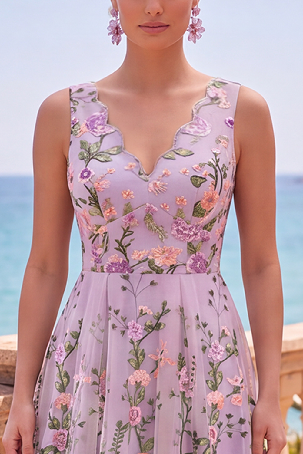 Floral Lilac V-Neck A Line Maxi Wedding Guest Dress