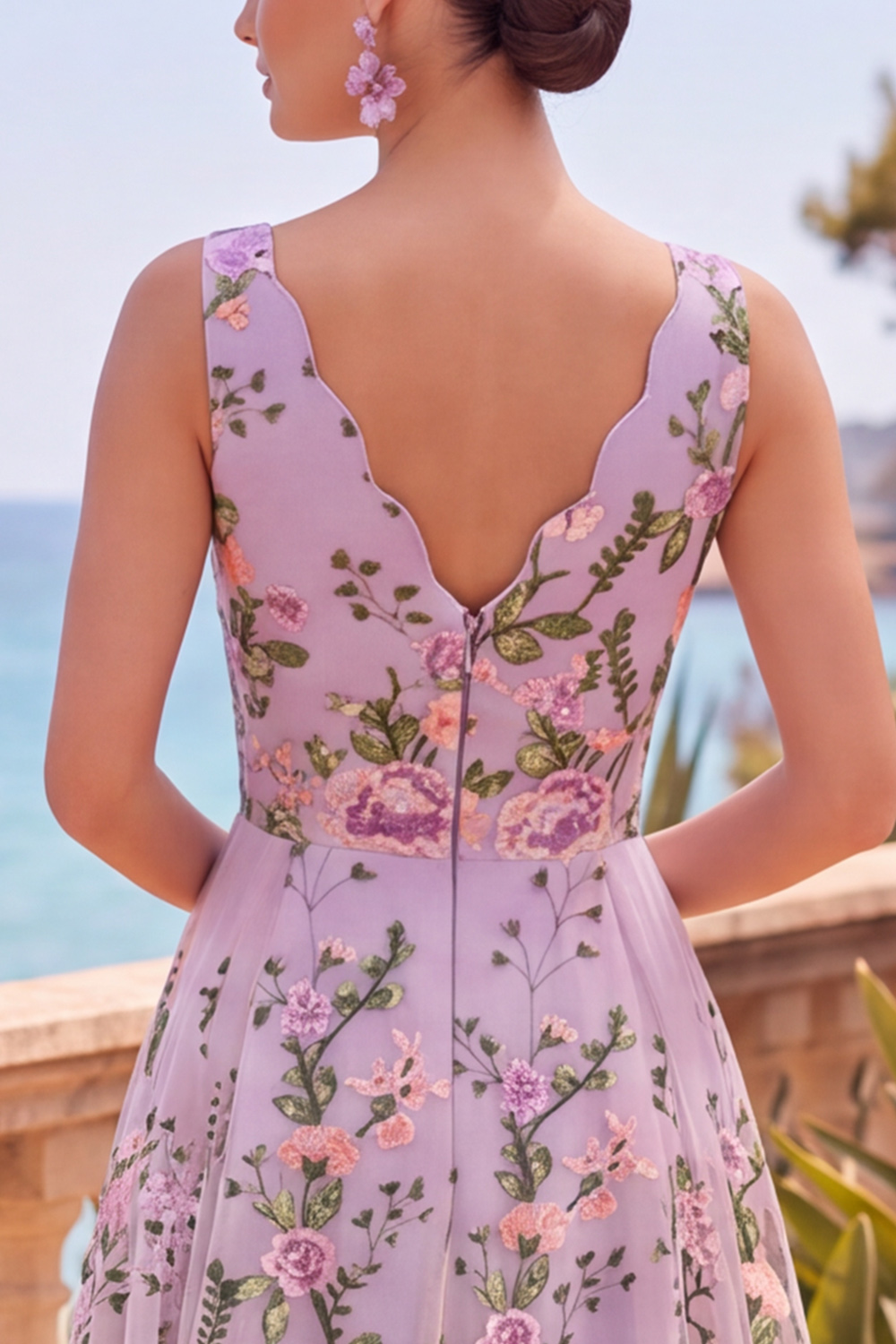 Floral Lilac V-Neck A Line Maxi Wedding Guest Dress