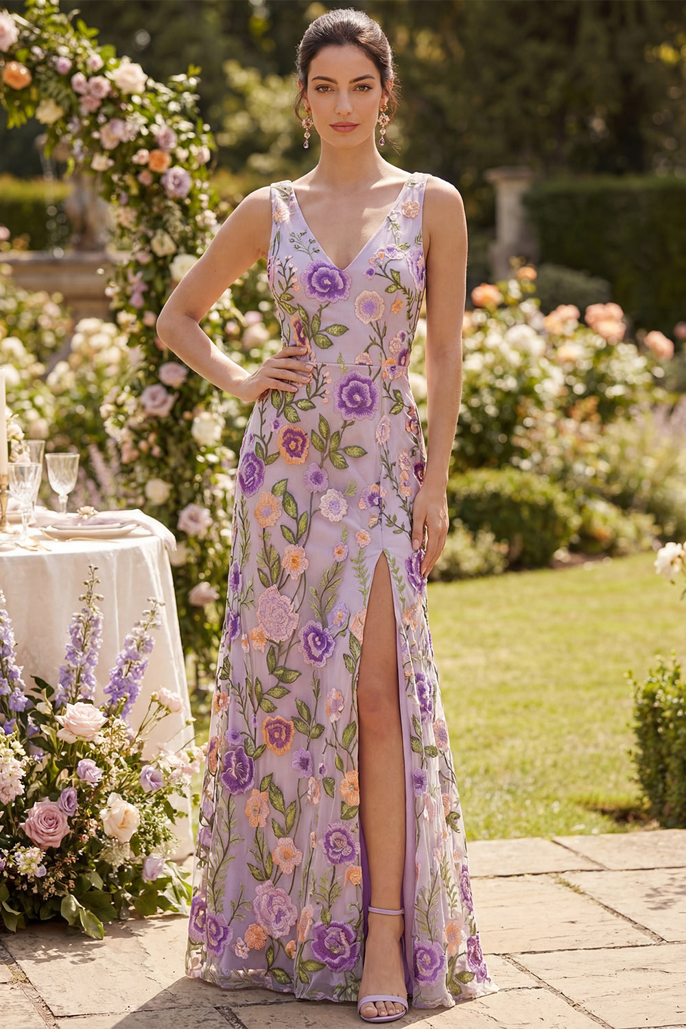 Maxi Floral Lilac Sheath Backless V-Neck Wedding Guest Dress with Slit