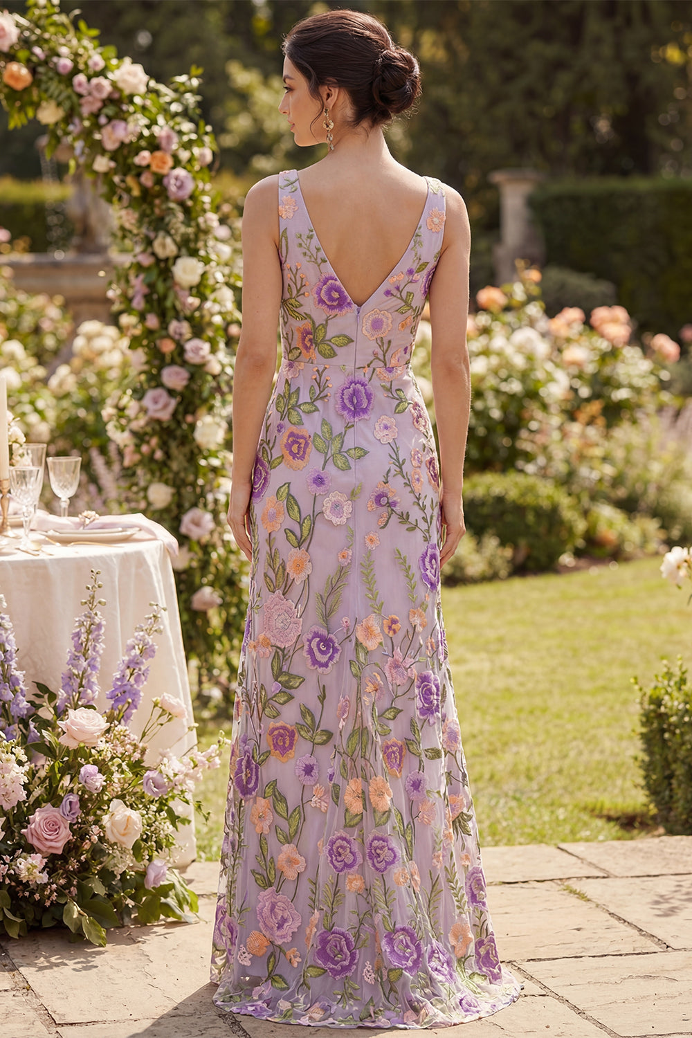 Maxi Floral Lilac Sheath Backless V-Neck Wedding Guest Dress with Slit