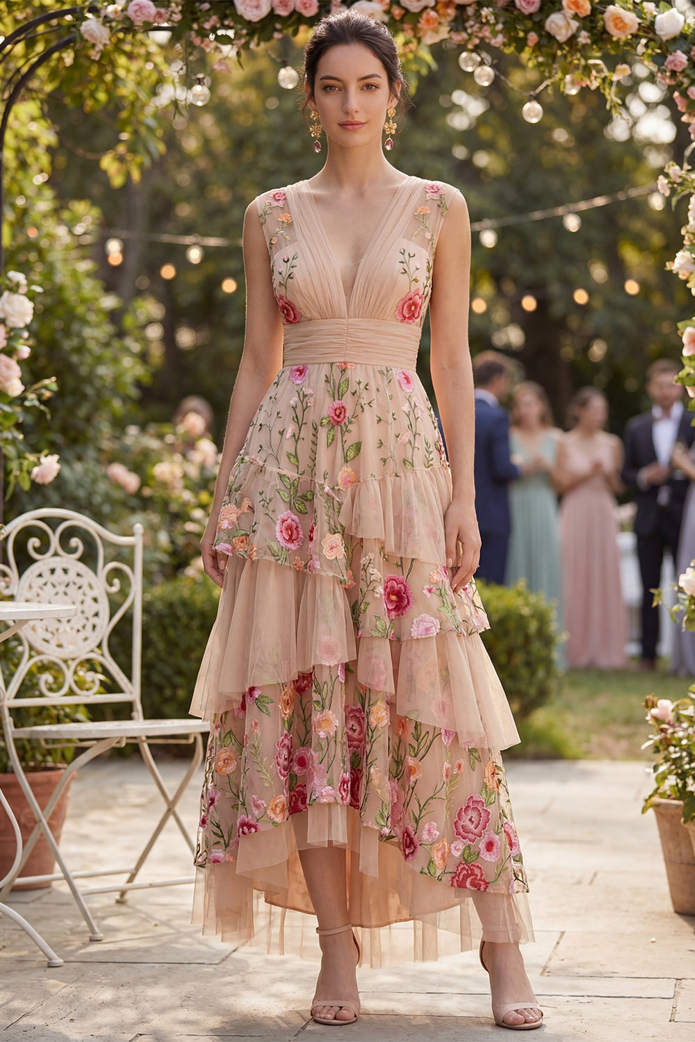 Blush Ruched V-Neck A Line Maxi Floral Wedding Guest Dress with Ruffles