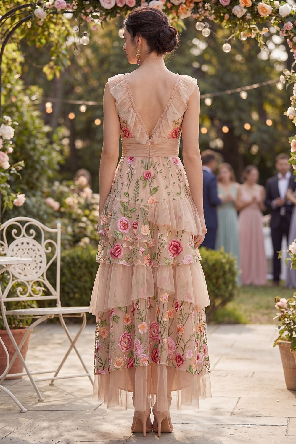 Blush Ruched V-Neck A Line Maxi Floral Wedding Guest Dress with Ruffles