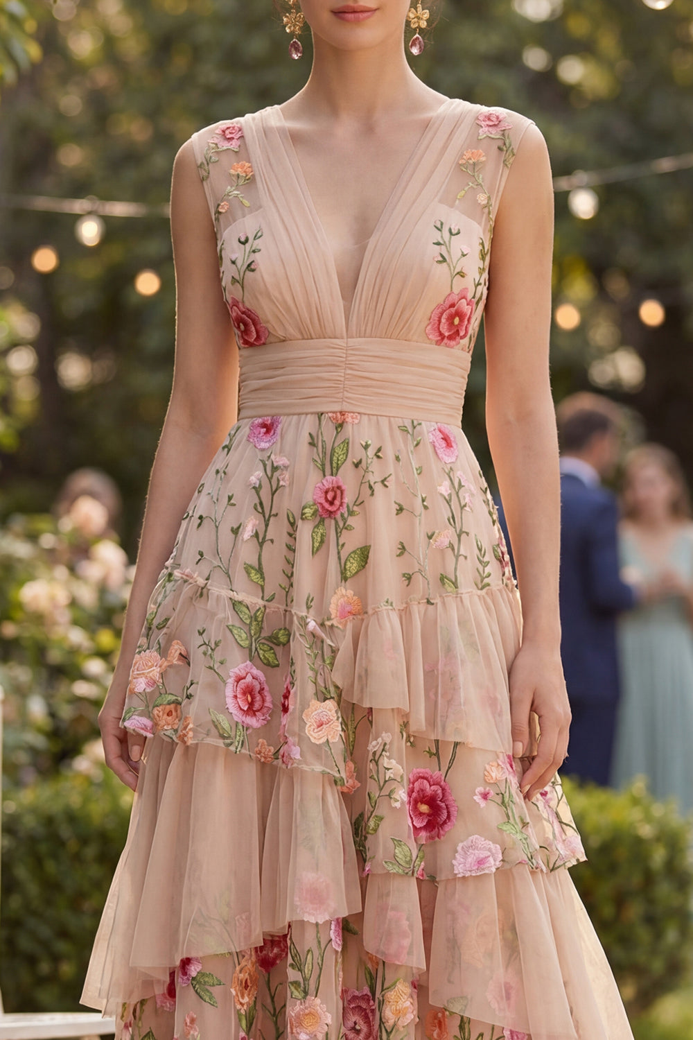 Blush Ruched V-Neck A Line Maxi Floral Wedding Guest Dress with Ruffles