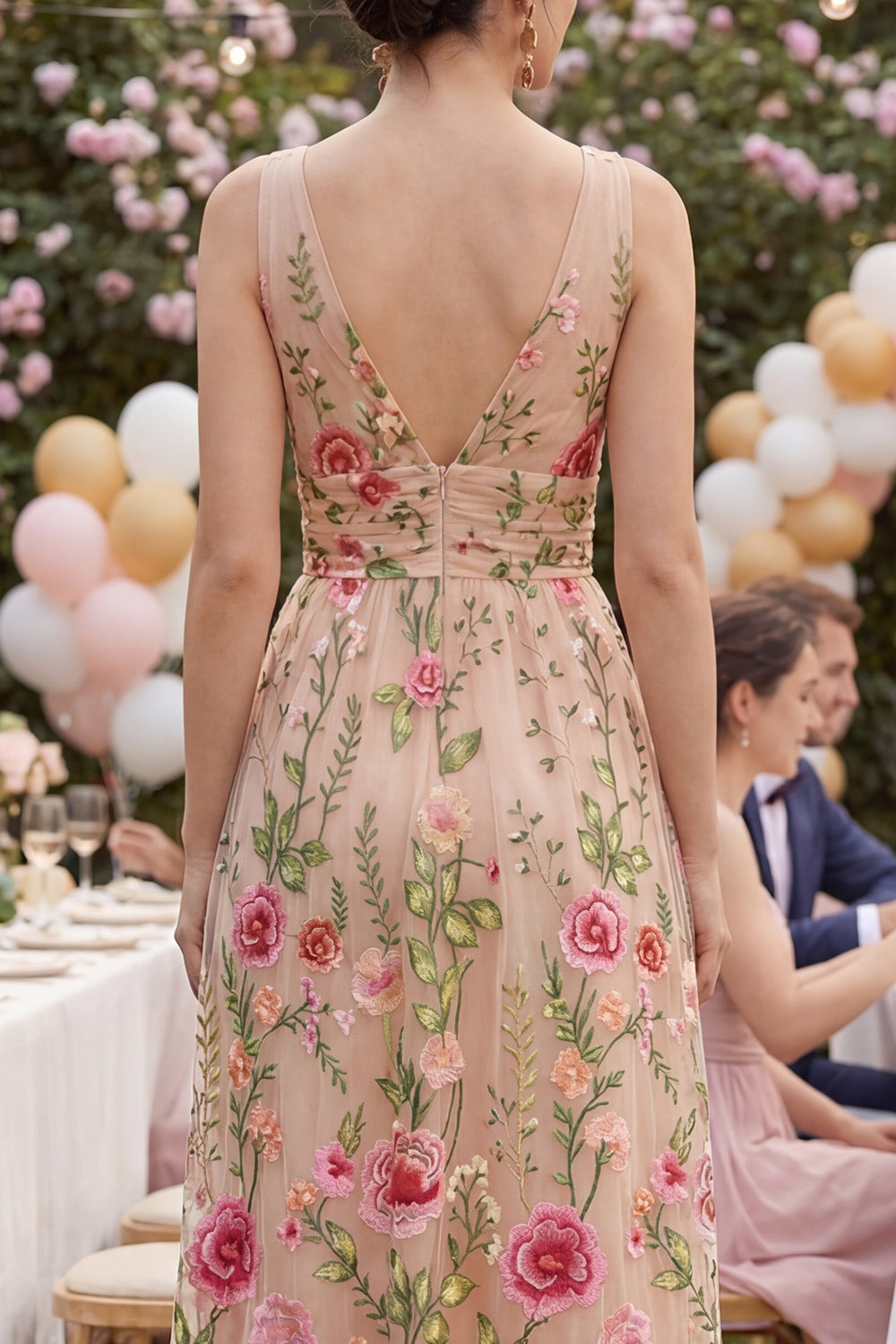 Floral Blush V-Neck Ruched A Line Knee Length Wedding Guest Dress
