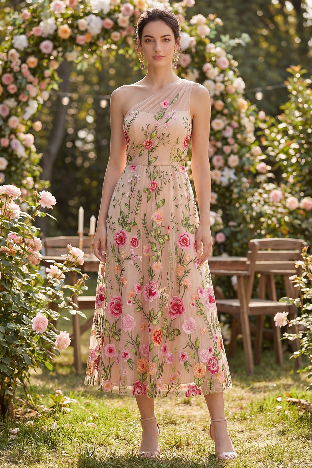 Floral Blush One Shoulder A Line Ruched Maxi Wedding Guest Dress