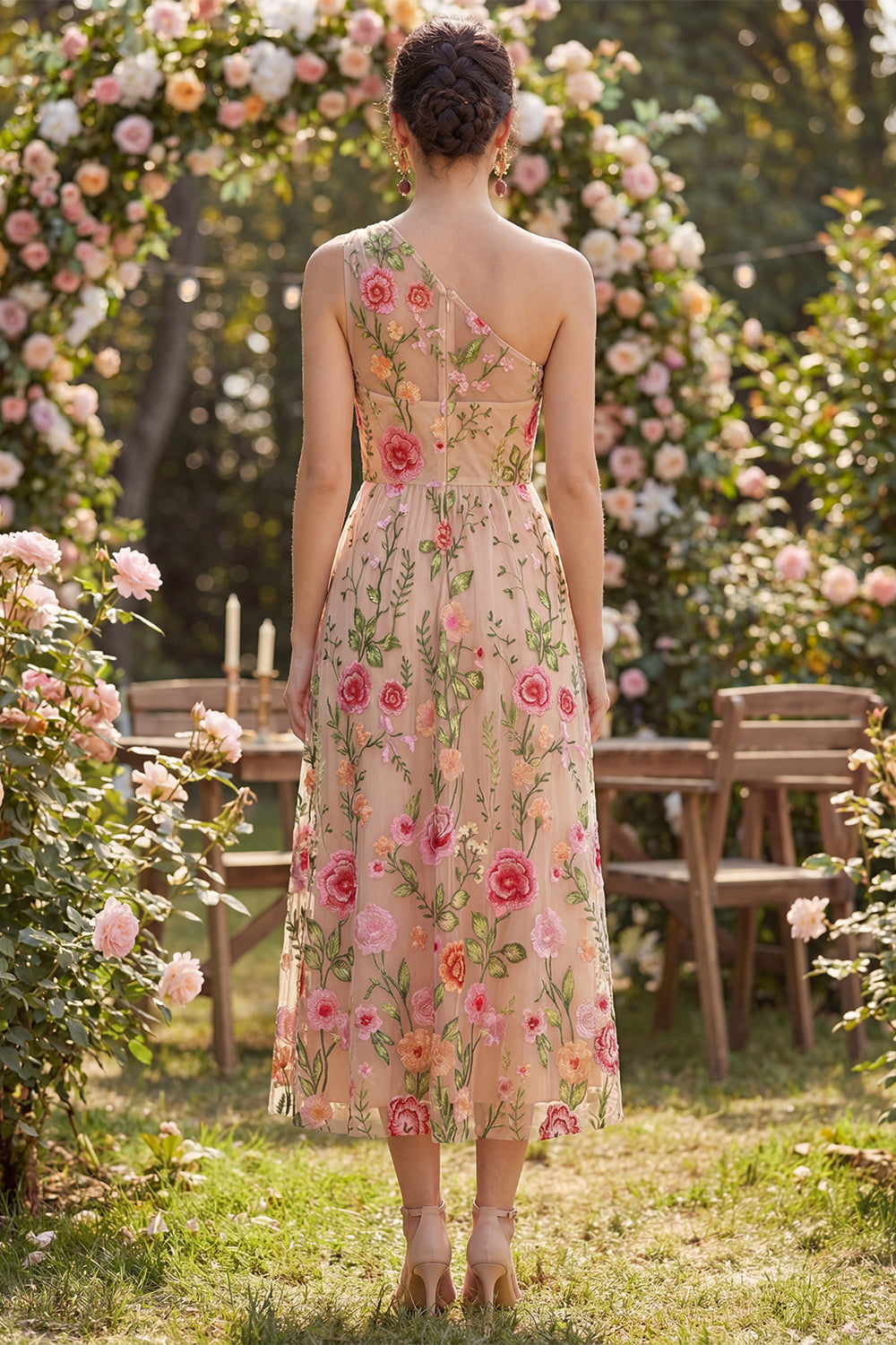Floral Blush One Shoulder A Line Ruched Maxi Wedding Guest Dress