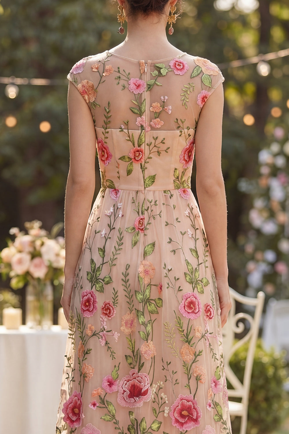 Floral Blush Cap Sleeves Boat Neck Maxi A Line Wedding Guest Dress