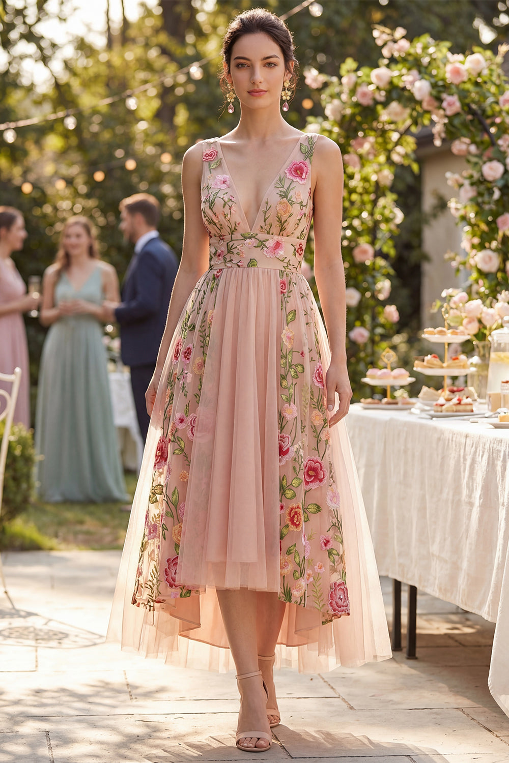 A Line V-Neck Floral Maxi Blush Wedding Guest Dress