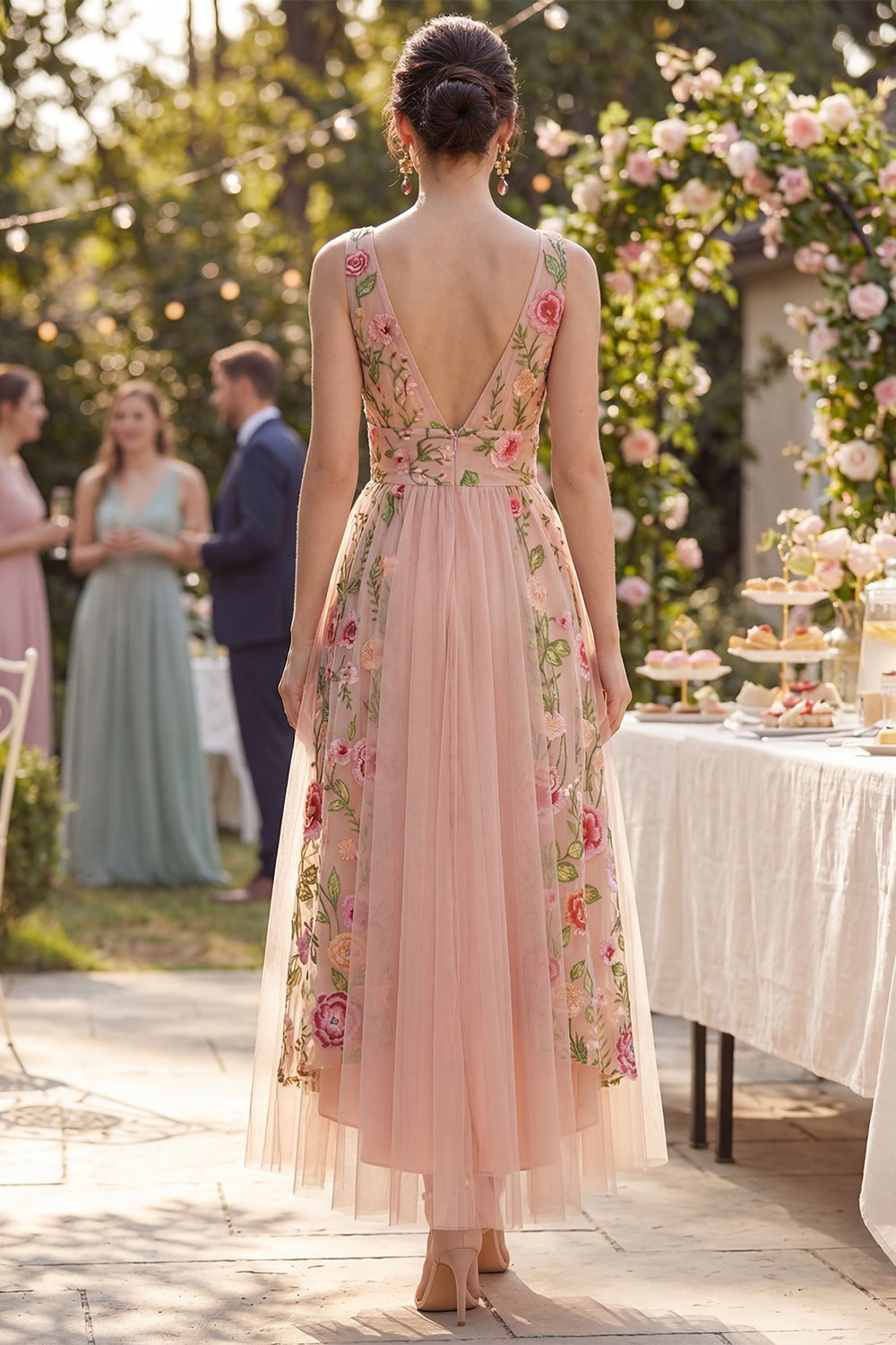 A Line V-Neck Floral Maxi Blush Wedding Guest Dress